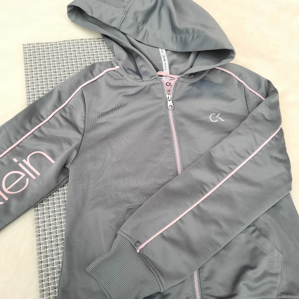 Calvin Klein Full Zip Hooded Track Jacket Hoodie Sweatshirt Lounge Gray Pink 7